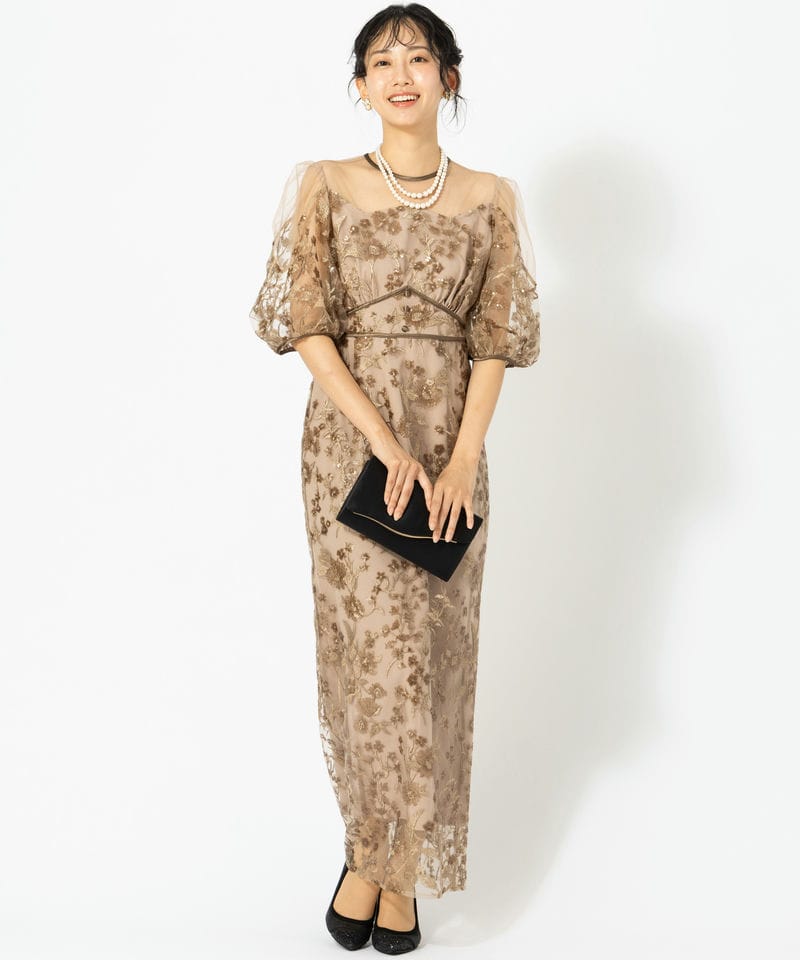 Leja レジャ フラワーディテールパフスリーブIラインワンピースドレス