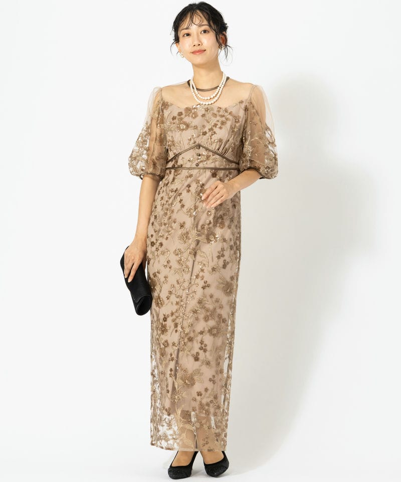 Leja レジャ フラワーディテールパフスリーブIラインワンピースドレス