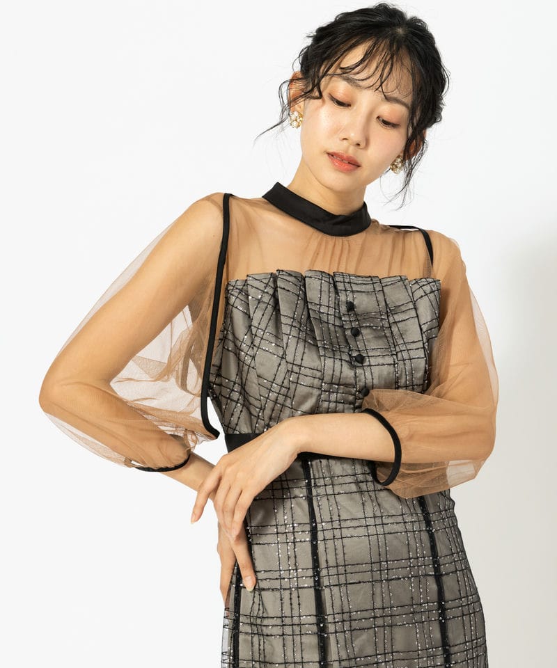 Leja レジャ【美品】ラメチェックチュールボレロドレスワンピース　M Leja レジャ ラメチェックチュールボレロIラインドレス ブラック系