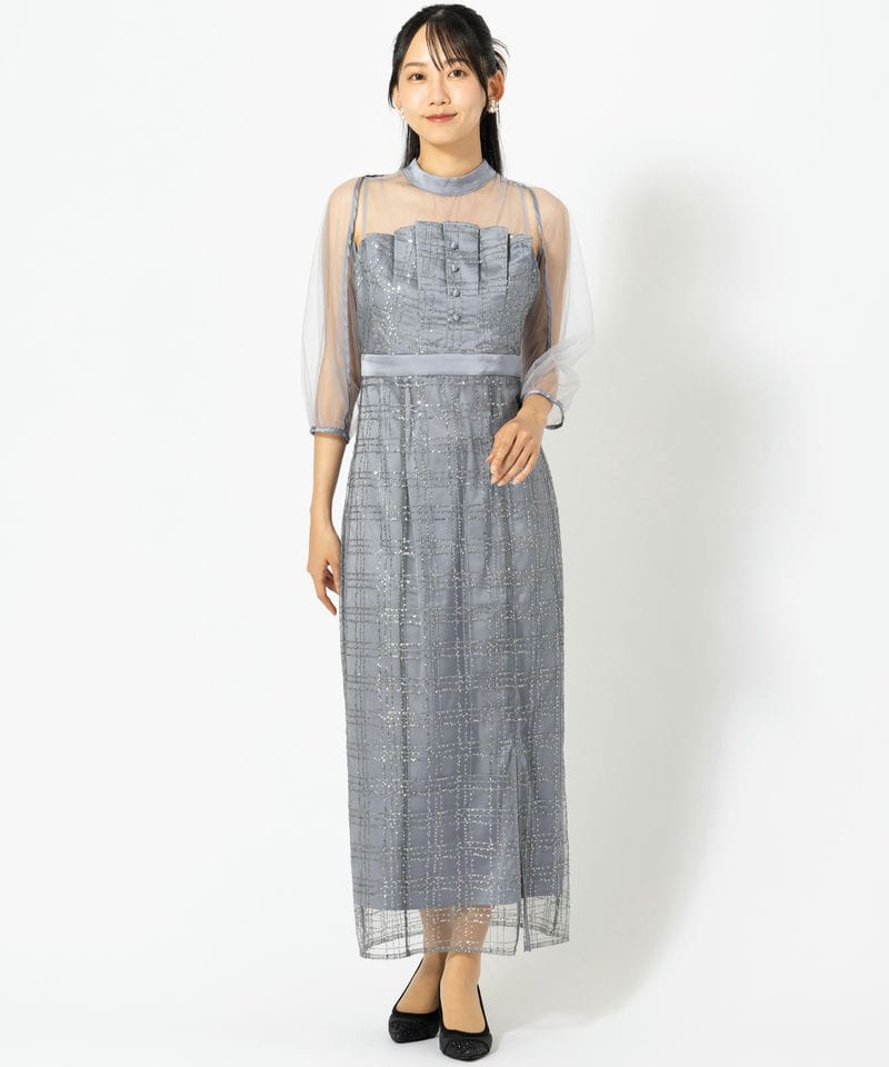 Leja レジャ 花柄刺繍スパンコールスリットIラインドレス グレー系