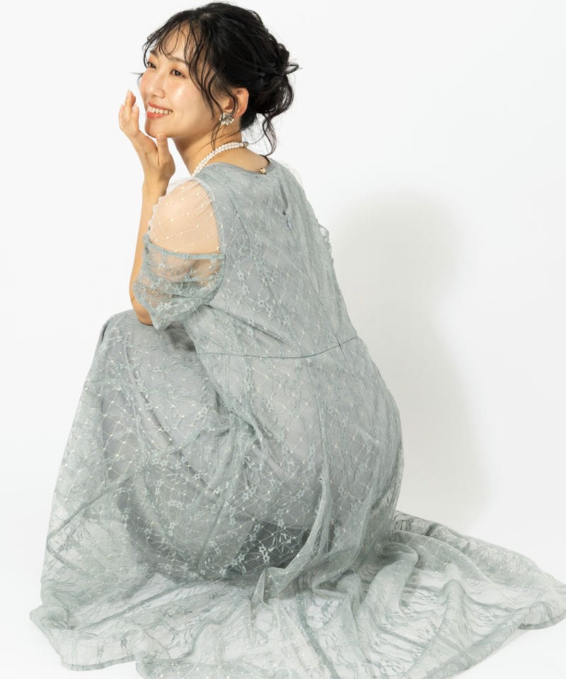 RANDA ランダ デザインスリーブチュールレイヤードドレス ブルー系 
