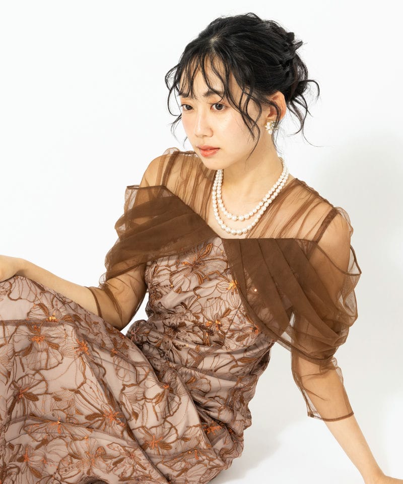 ANDRESD アンドレスド チュールドレープスパンコールドレス ブラウン系