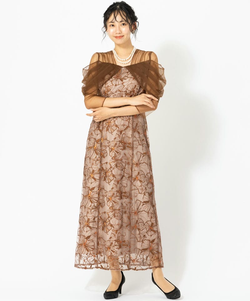 ANDRESD アンドレスド チュールドレープスパンコールドレス ブラウン系