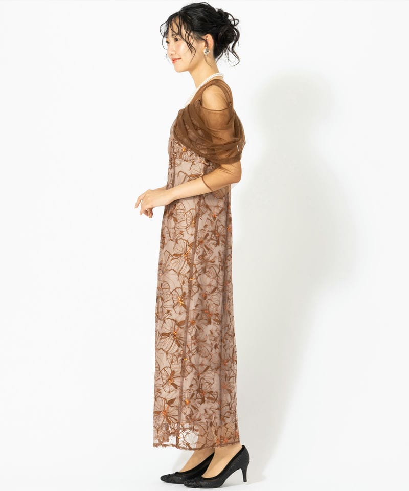 ANDRESD アンドレスド チュールドレープスパンコールドレス ブラウン系