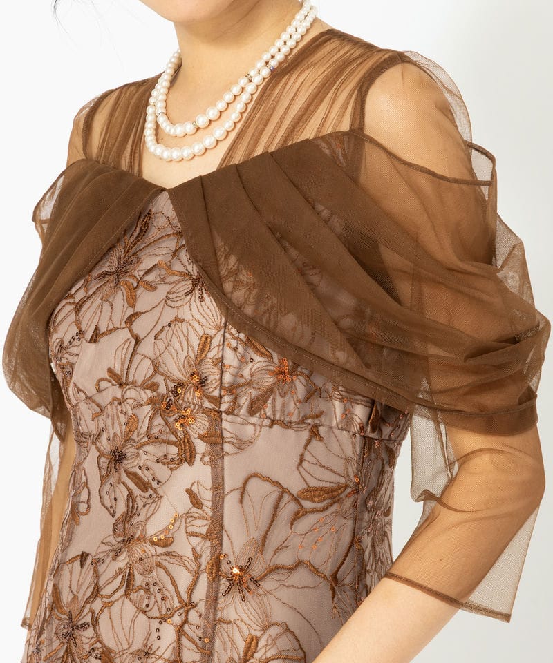 ANDRESD アンドレスド チュールドレープスパンコールドレス ブラウン系