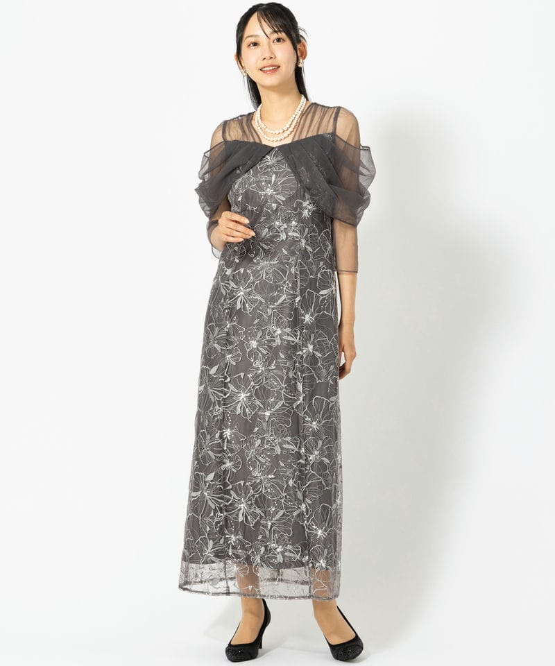 ANDRESD アンドレスド チュールドレープスパンコールドレス グレー系