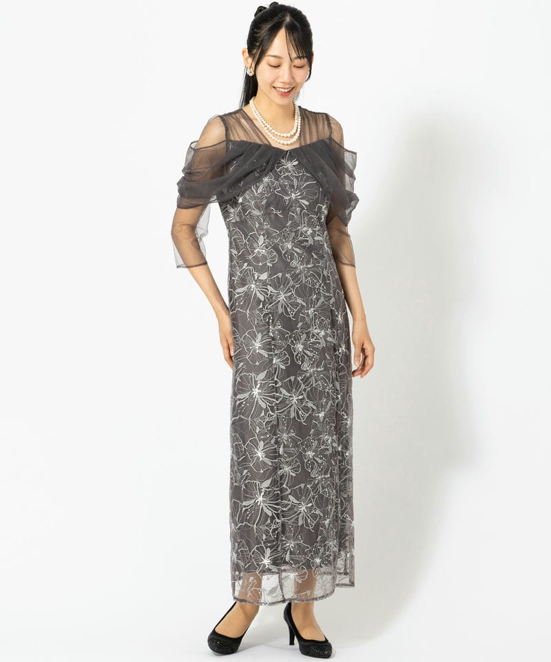 ANDRESD アンドレスド チュールドレープスパンコールドレス グレー系