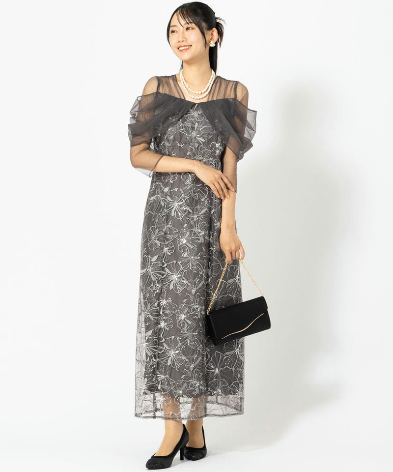 ANDRESD アンドレスド チュールドレープスパンコールドレス グレー系