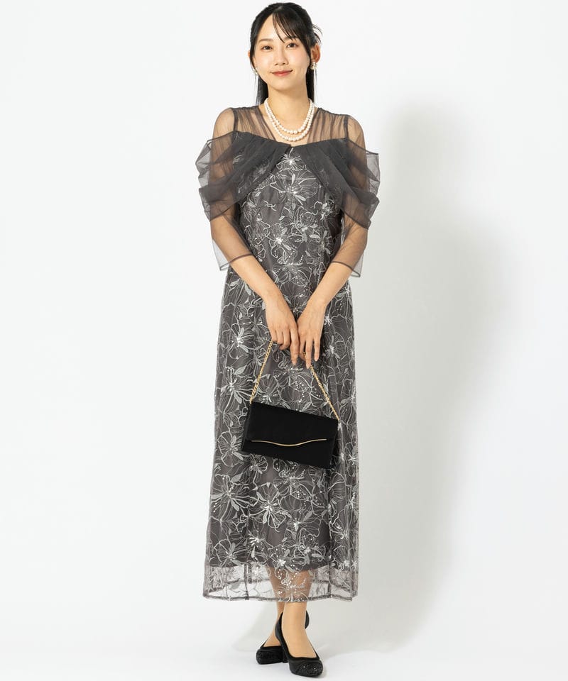 ANDRESD アンドレスド チュールドレープスパンコールドレス グレー系