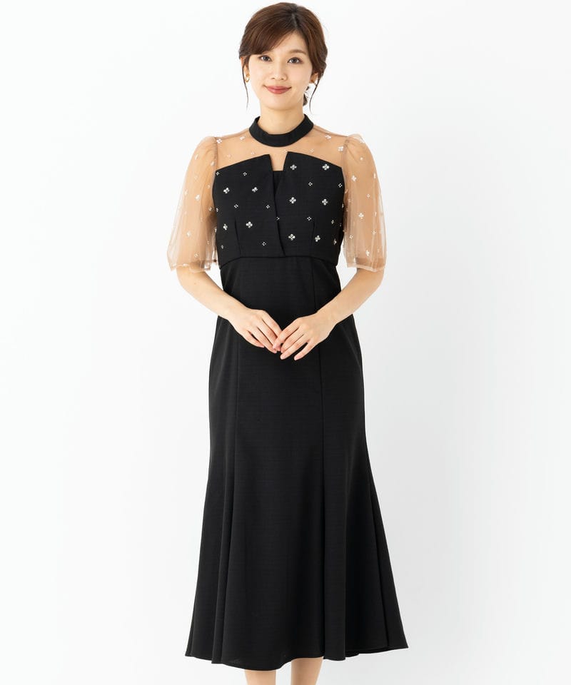 Leja レジャ 花柄スパンコールチュールオーバーラップマーメイドドレス