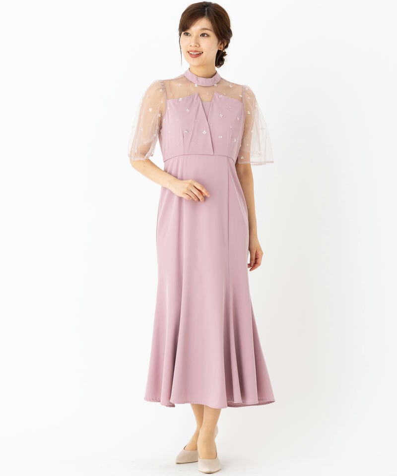 Leja レジャ 花柄スパンコールチュールオーバーラップマーメイドドレス