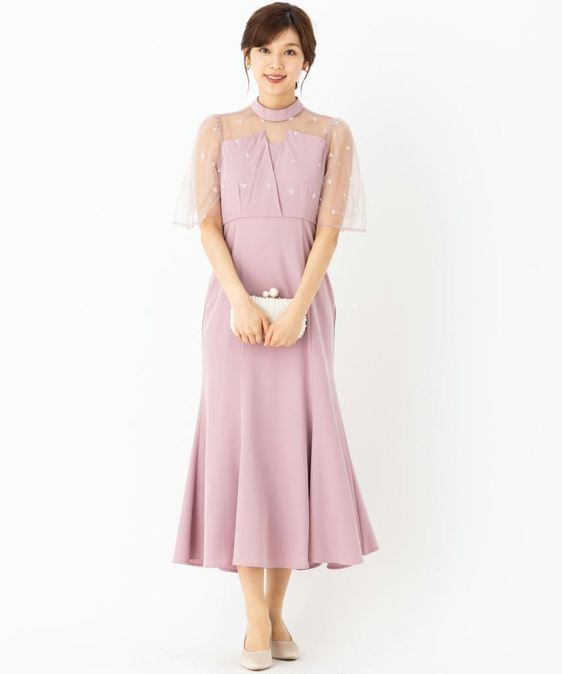 Leja レジャ 花柄スパンコールチュールオーバーラップマーメイドドレス