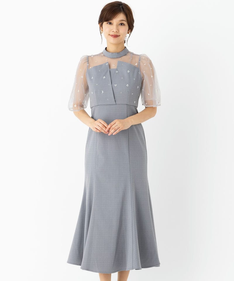 Leja レジャ 花柄スパンコールチュールオーバーラップマーメイドドレス