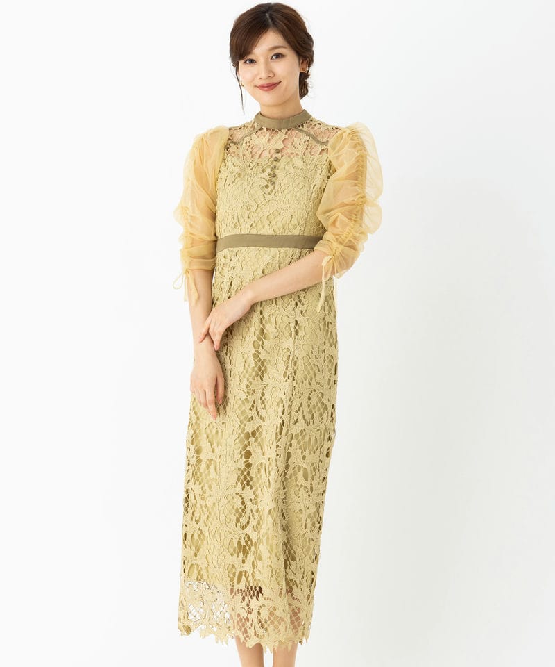 Leja レジャ シアーレースパフスリーブスリットⅠラインドレス