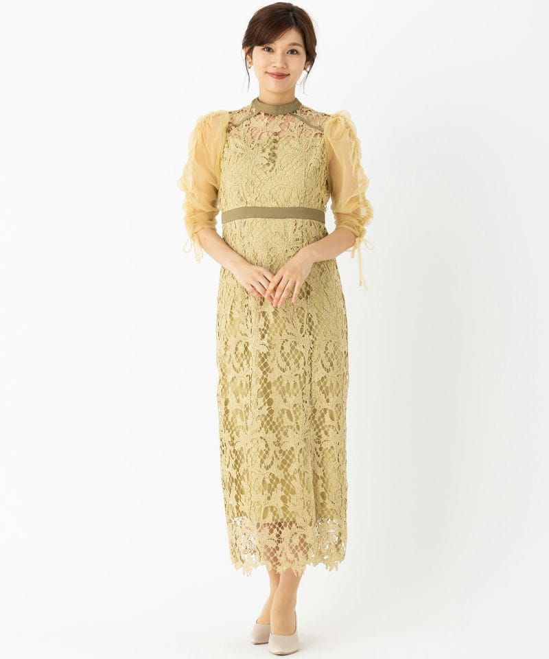 Leja レジャ シアーレースパフスリーブスリットⅠラインドレス