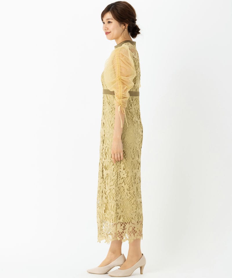 Leja レジャ シアーレースパフスリーブスリットⅠラインドレス
