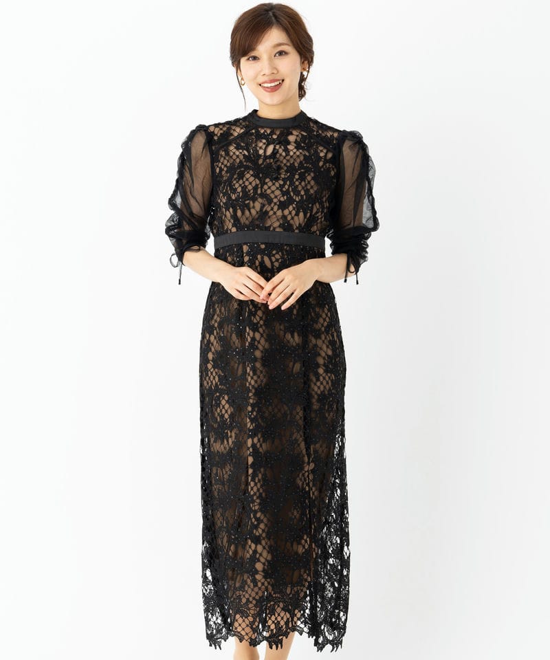 Leja レジャ シアーレースパフスリーブスリットⅠラインドレス