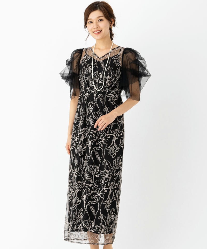 LE'RURE リルアー フラッフィースリーブペンシルドレス ブラック系