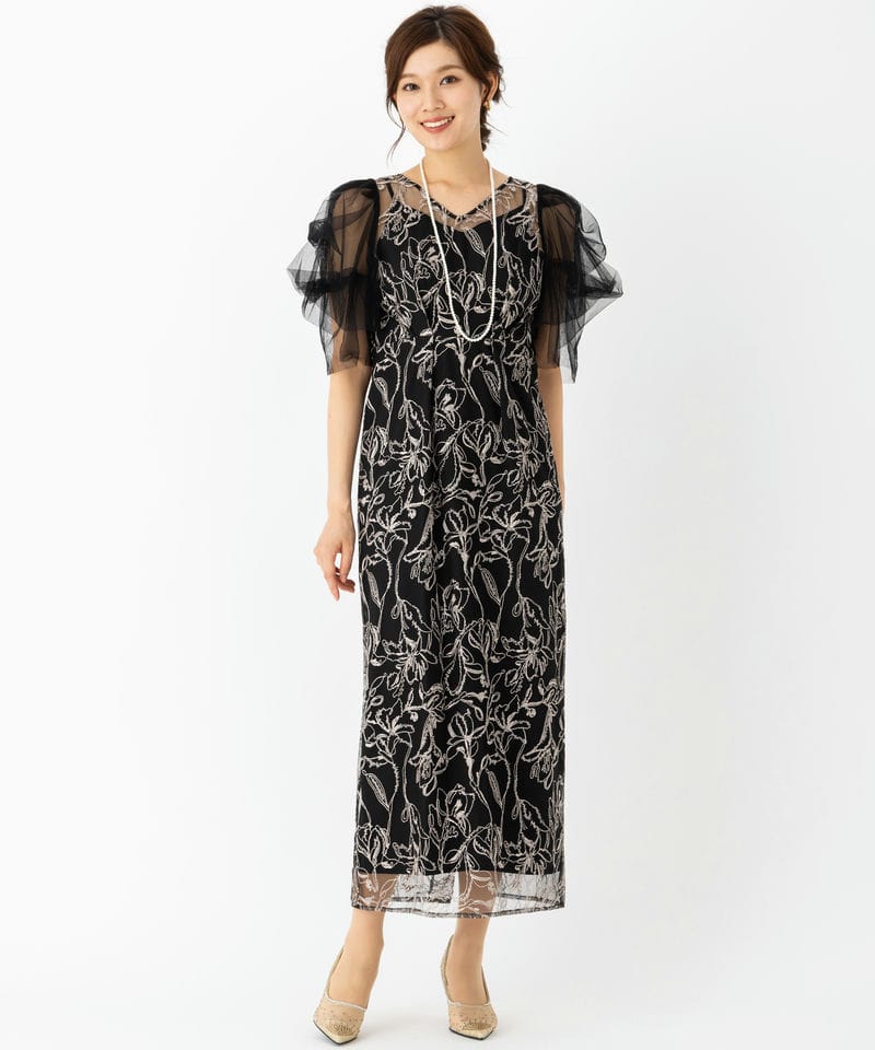 LE'RURE リルアー フラッフィースリーブペンシルドレス ブラック系