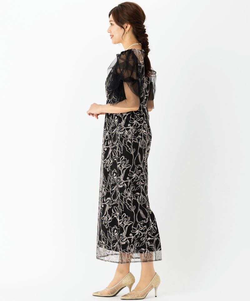 LE'RURE リルアー フラッフィースリーブペンシルドレス ブラック系