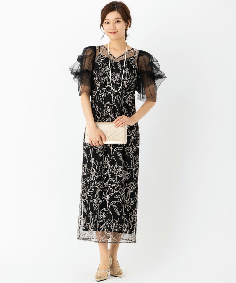 LE'RURE リルアー フラッフィースリーブペンシルドレス ブラック系