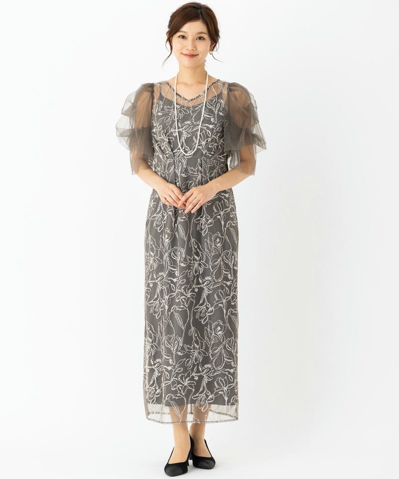 LE'RURE リルアー フラッフィースリーブペンシルドレス グレー系