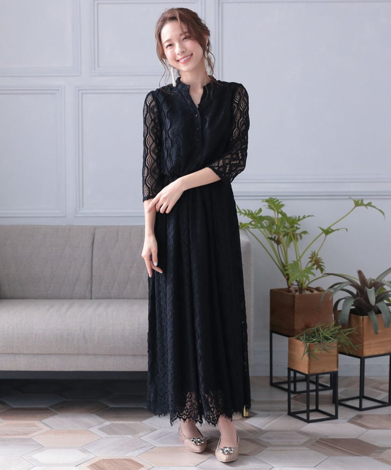 Select Shop バンドカラー総レースロングドレス ブラック系 | 結婚式