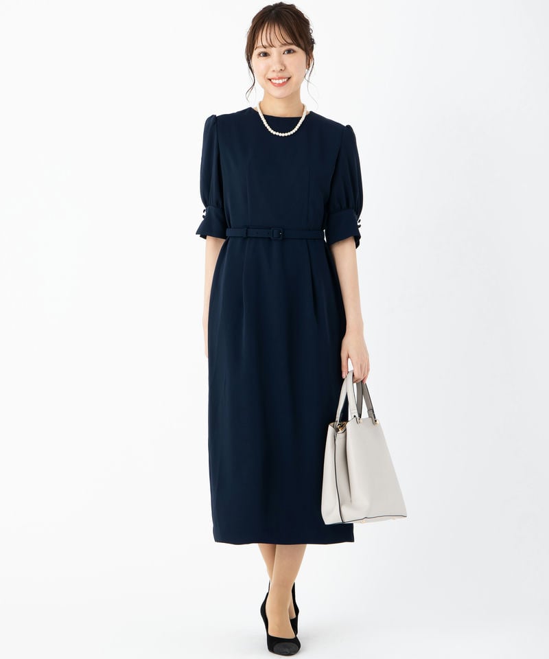 Aimer エメ 共ベルト付きパフスリーブタイトワンピース ネイビー系 