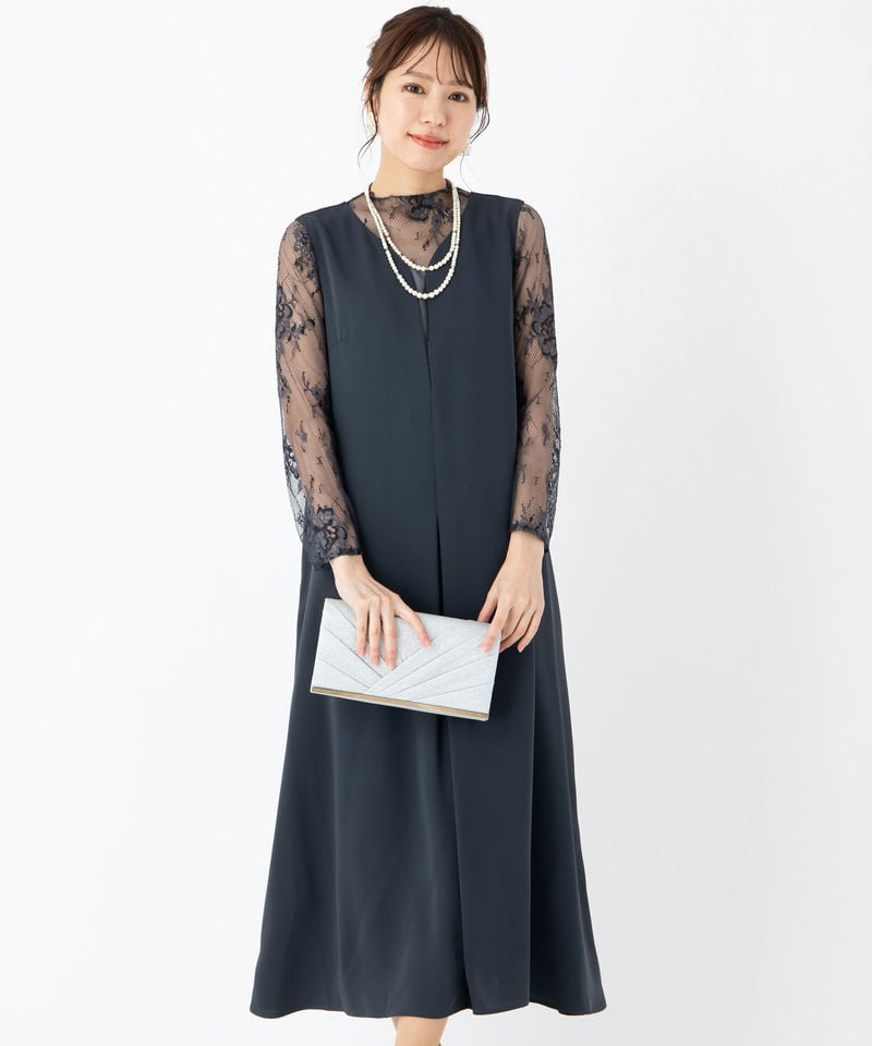 Aimer エメ チュールブラウス付Vネックジャカードタイトドレス