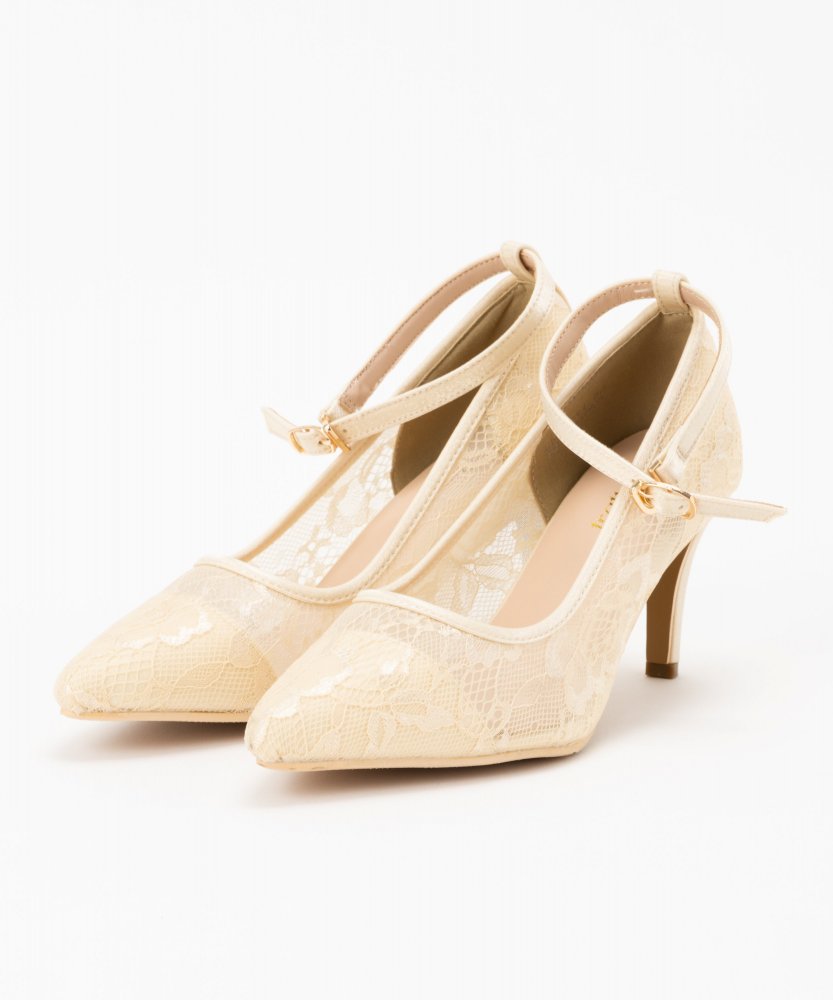 ベージュ サテン パンプス ストラップ付き Select Shop シンプルサテンチャンキーヒールストラップパンプス