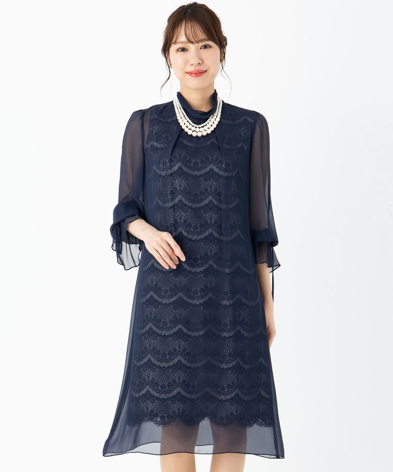 Aimer エメ チュールエンブロイダリーレースパイピングドレス ネイビー