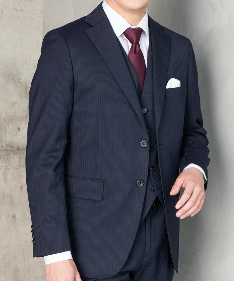 P.S.FA 光沢シャドーストライプスリーピーススーツ ネイビー系 | 結婚