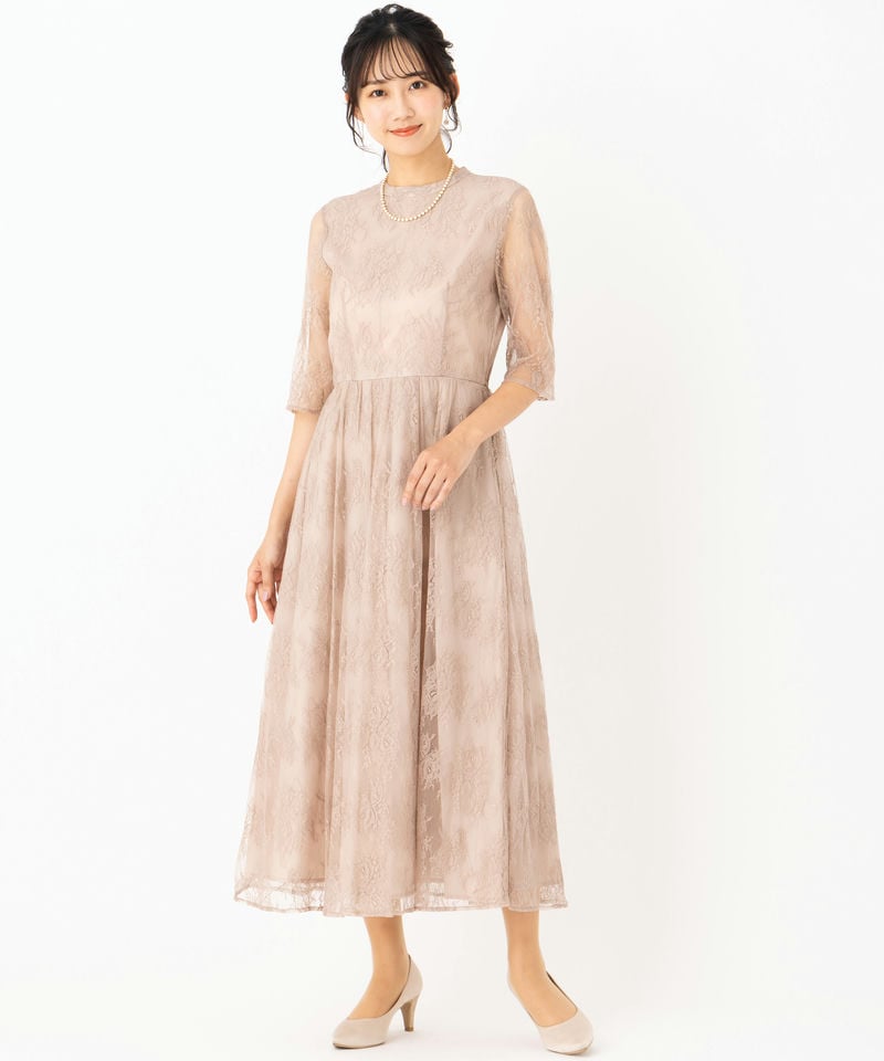 Aimer エメ プチハイネック5分袖レースドレス その他 x ベージュ系