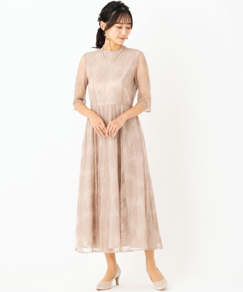 Aimer エメ プチハイネック5分袖レースドレス その他 x ベージュ系