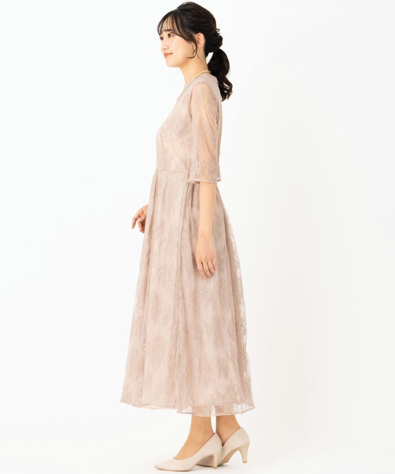 Aimer エメ プチハイネック5分袖レースドレス その他 x ベージュ系