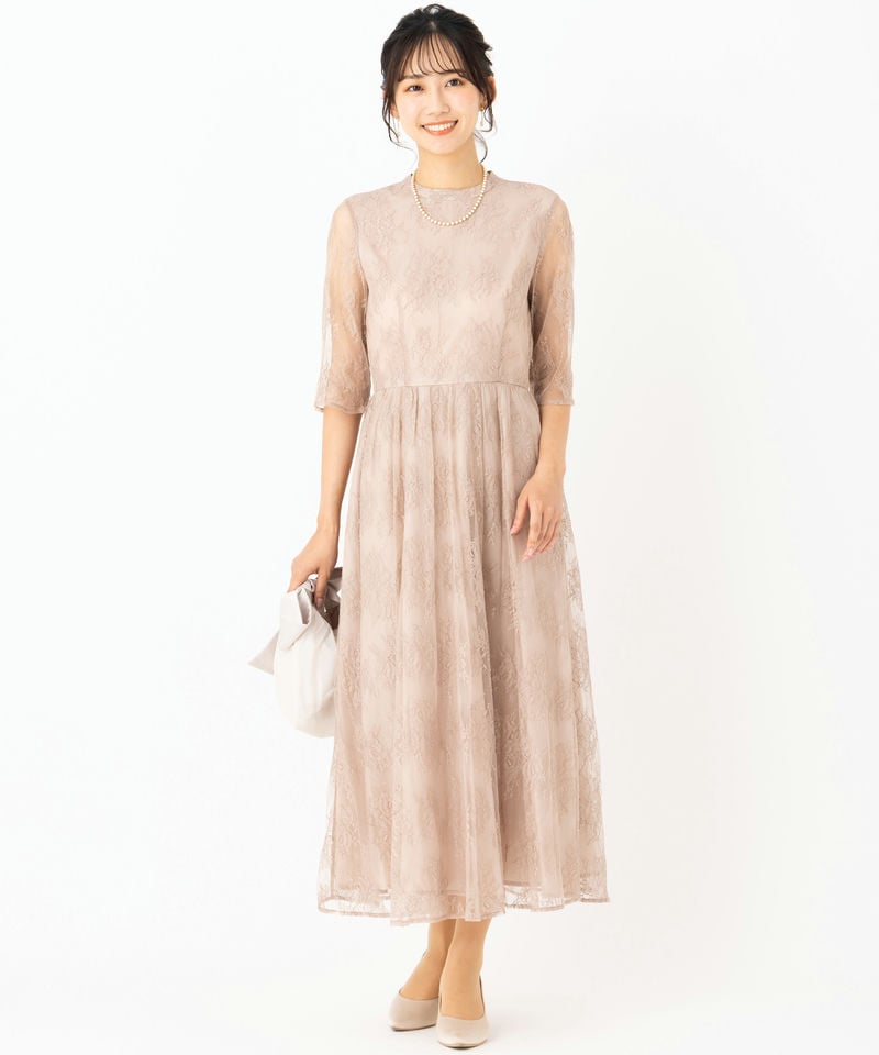 Aimer エメ プチハイネック5分袖レースドレス その他 x ベージュ系