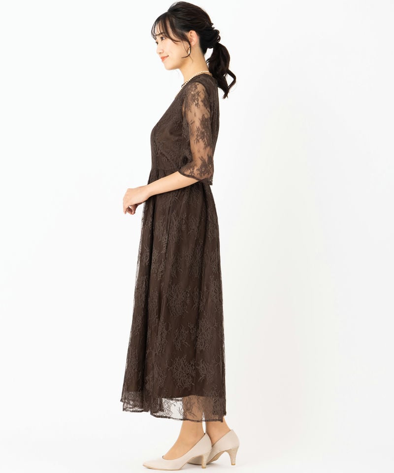 Aimer エメ プチハイネック5分袖レースドレス ブラウン系 | 結婚式 Aimer エメ プチハイネック5分袖レースドレス ブラウン系 | 結婚式