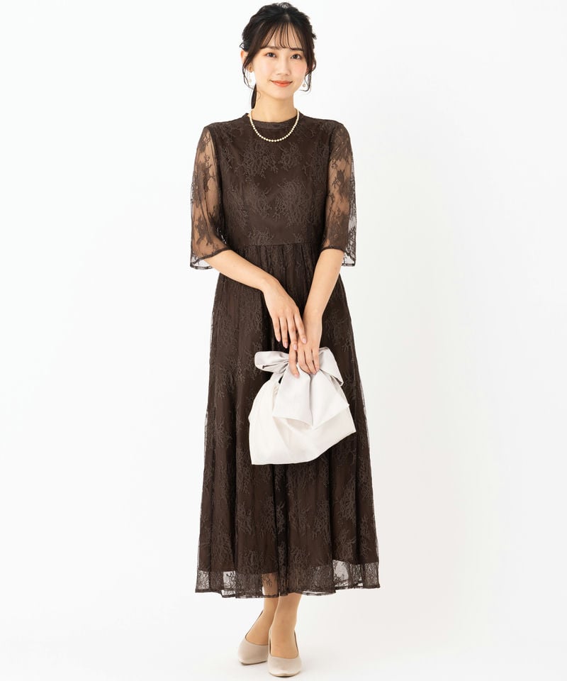Aimer エメ プチハイネック5分袖レースドレス ブラウン系 | 結婚式