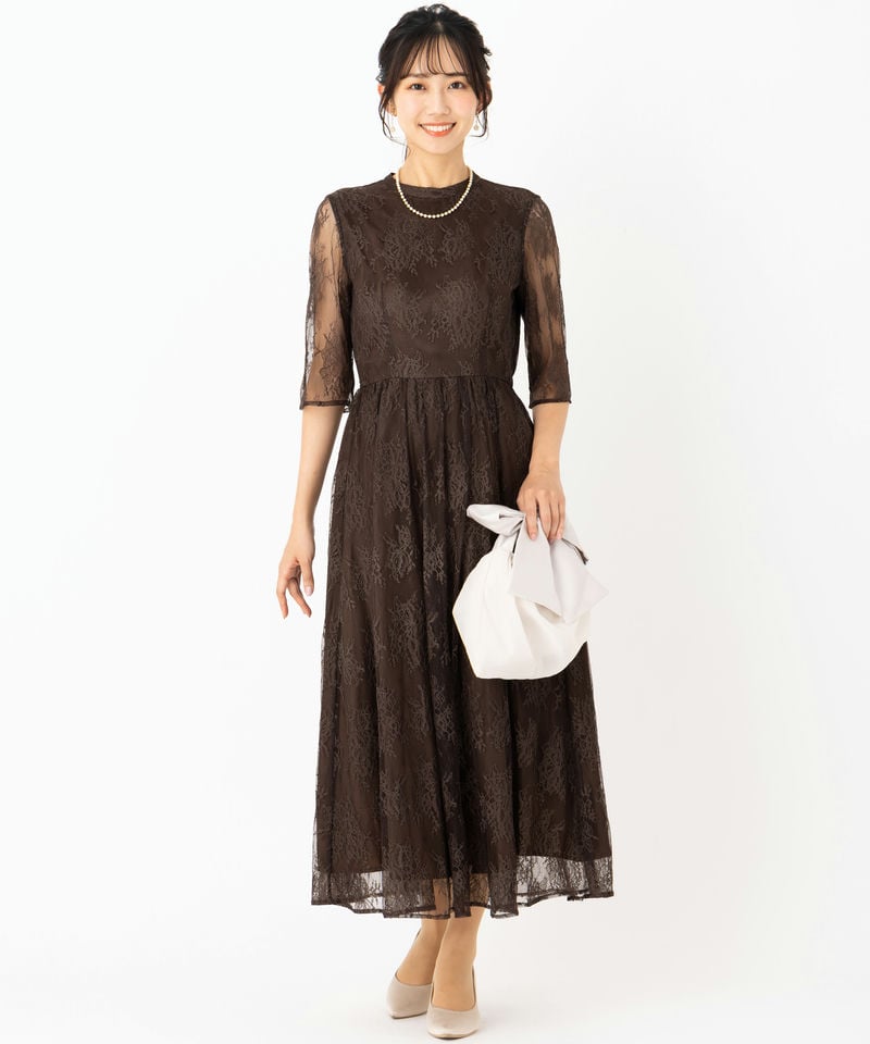 Aimer エメ プチハイネック5分袖レースドレス ブラウン系 | 結婚式