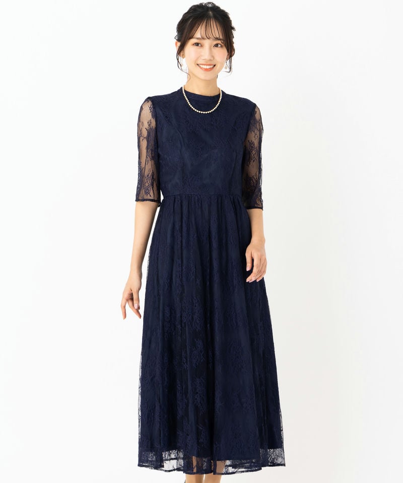 FRAY I.D ネイビーレースドレス Aimer エメ プチハイネック5分袖レースドレス ネイビー系 | 結婚式