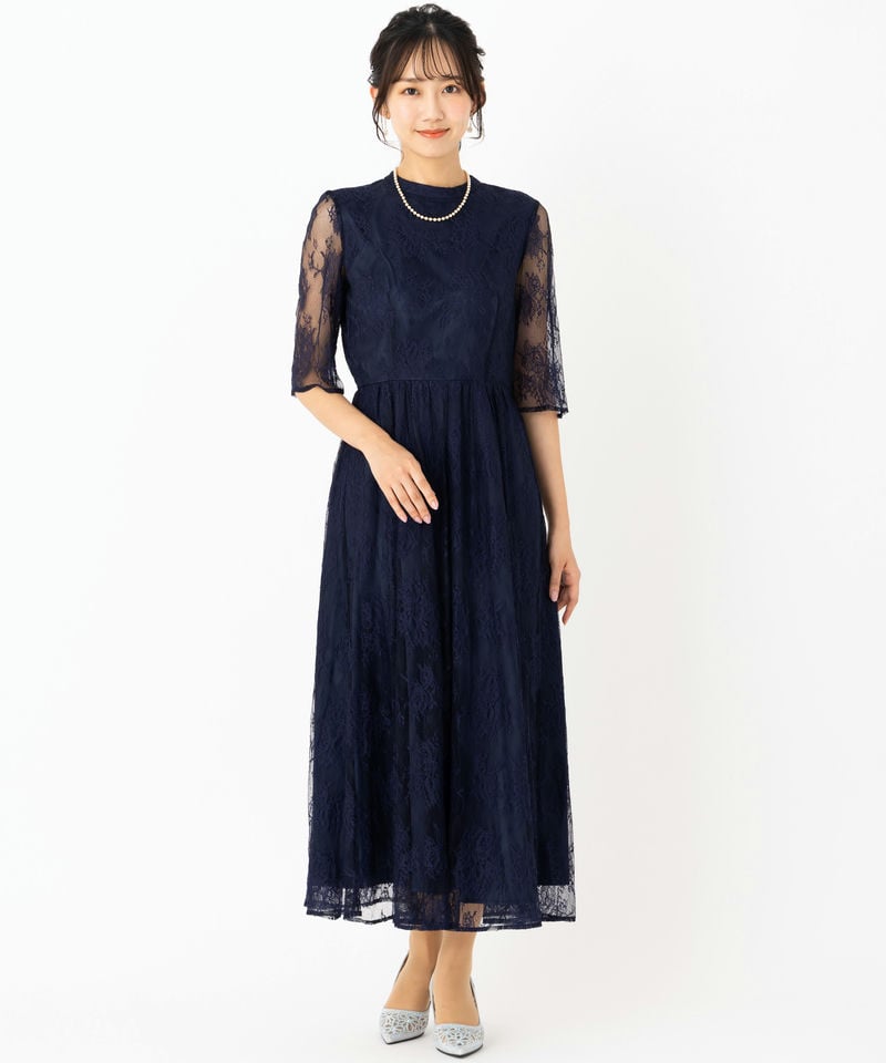 Aimer エメ プチハイネック5分袖レースドレス ネイビー系 | 結婚式