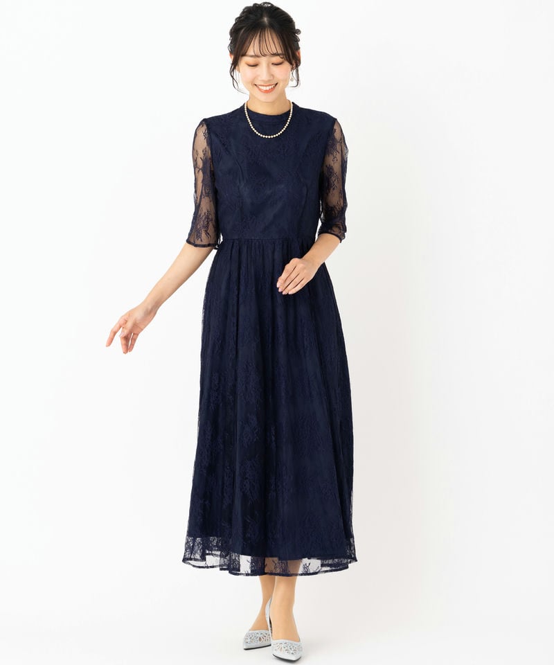 Aimer エメ プチハイネック5分袖レースドレス ネイビー系 | 結婚式