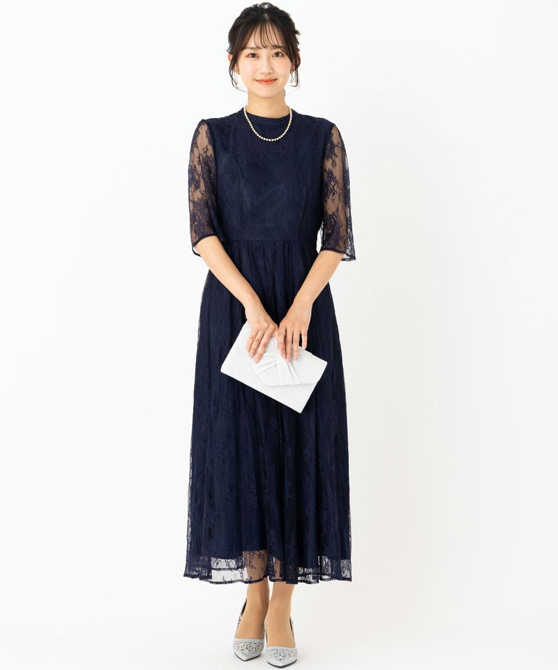 Aimer エメ プチハイネック5分袖レースドレス ネイビー系 | 結婚式