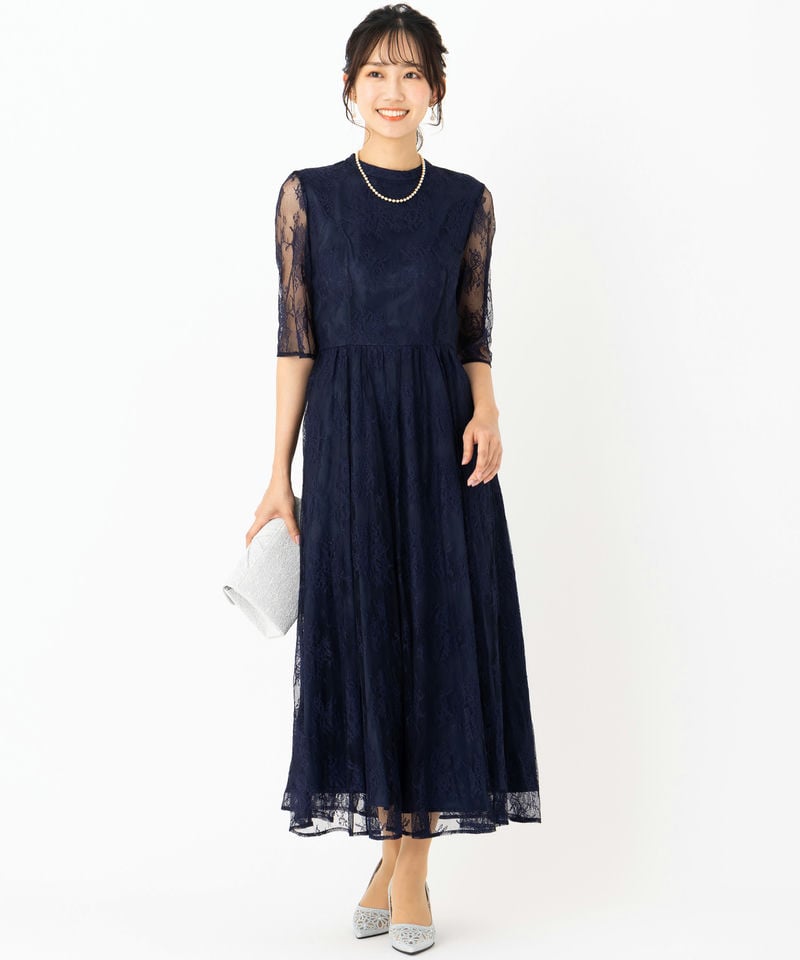 Aimer エメ プチハイネック5分袖レースドレス ネイビー系 | 結婚式