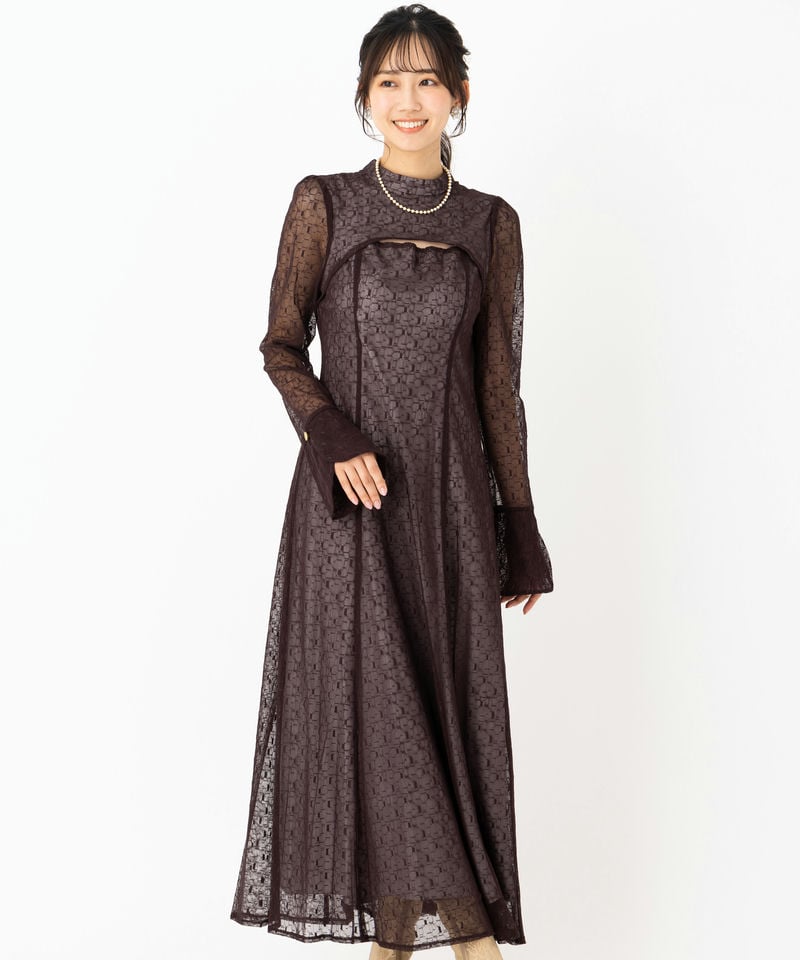Select Shop バックオープンジオメトリックレースドレス ブラウン系