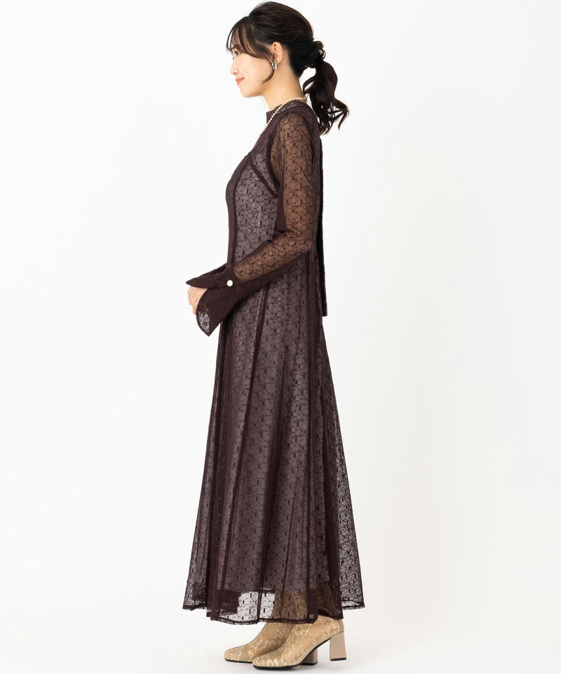 Select Shop バックオープンジオメトリックレースドレス ブラウン系