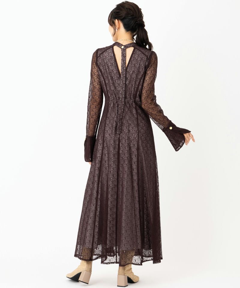 Select Shop バックオープンジオメトリックレースドレス ブラウン系