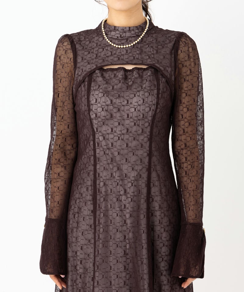 Select Shop バックオープンジオメトリックレースドレス ブラウン系