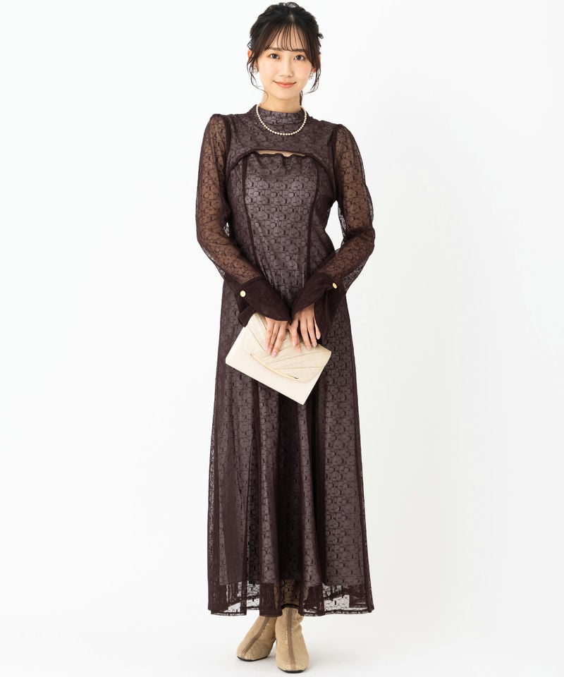Select Shop バックオープンジオメトリックレースドレス ブラウン系