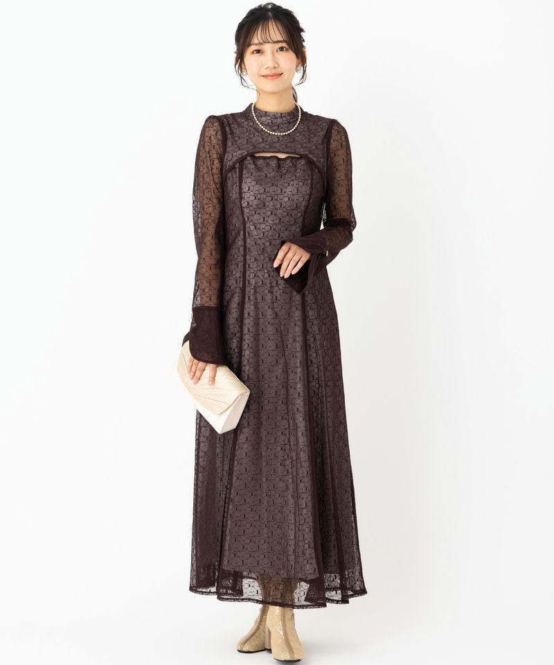 Select Shop バックオープンジオメトリックレースドレス ブラウン系